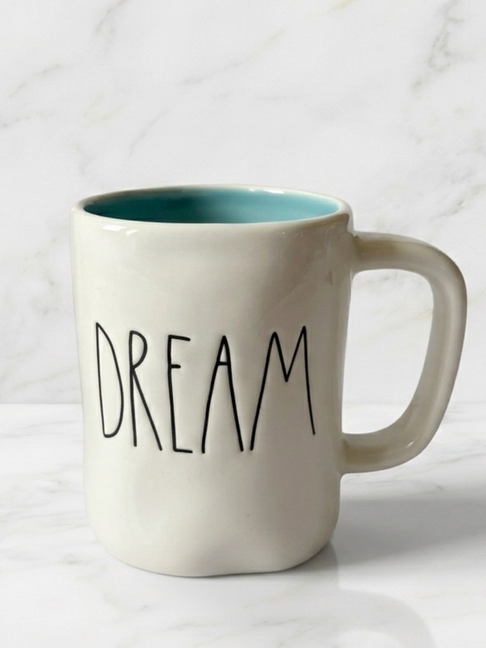 Rae Dunn DREAM Ceramic White Mug with Turquoise Interior